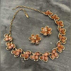 Vintage Pink Thermoset Moonglow Lucite Necklace Clip-On Earrings Set